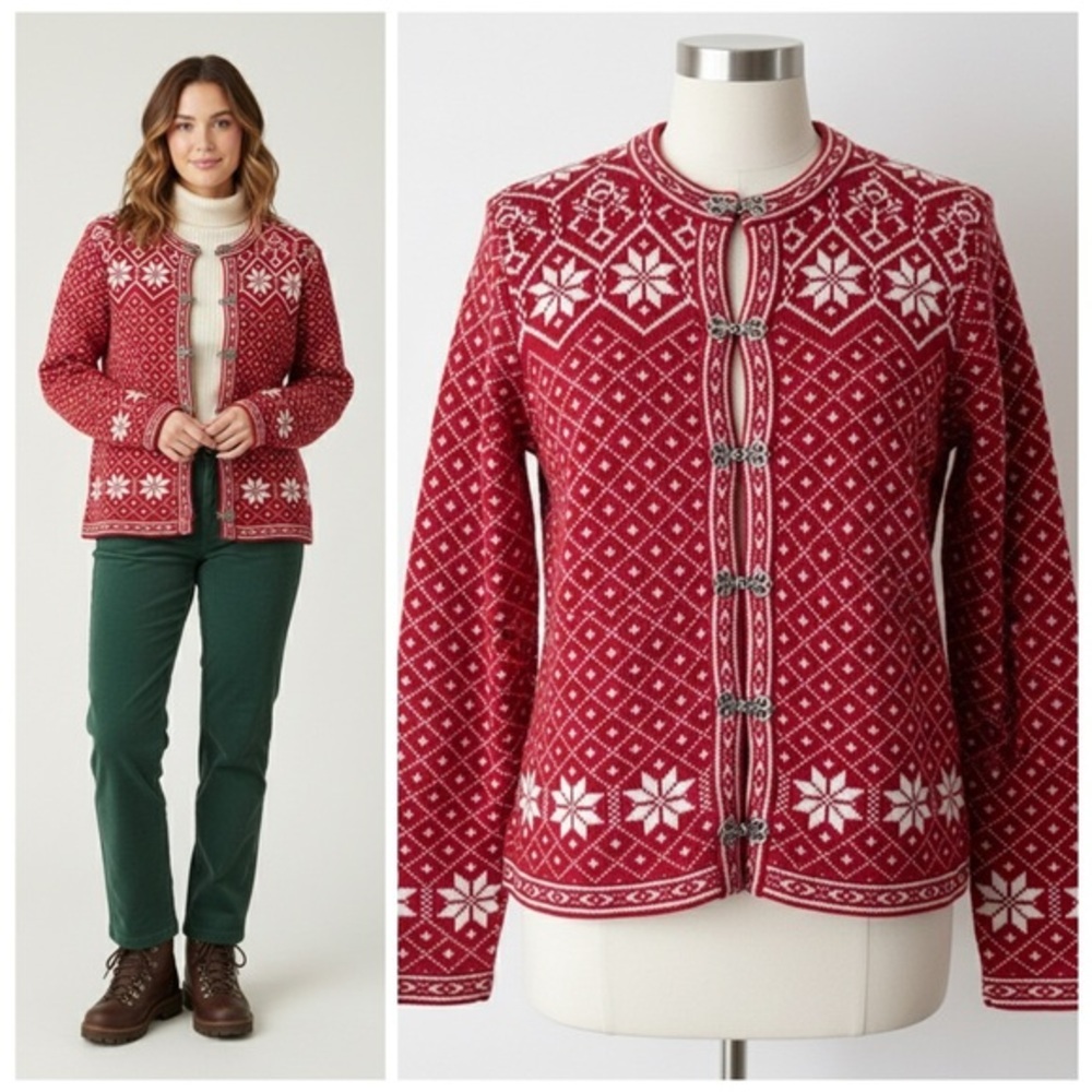 Croft & Barrow Nordic Fair Isle Cardigan Red White Snowflake Sweater 90s Y2K M - Picture 14 of 14